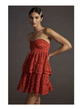 NWT Maeve By Anthropologie Red Lace Strapless Tiered Mini Dress Red - M